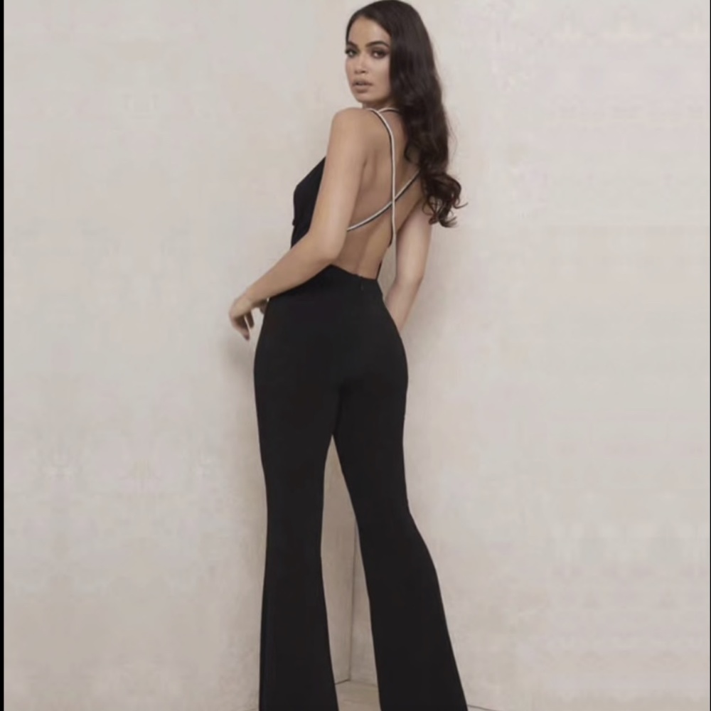 NEW! DESIGNER PEARL STRAP BLACK BANDAGE JUMPSUIT PLAYSUIT PANTSUIT OPEN BACK